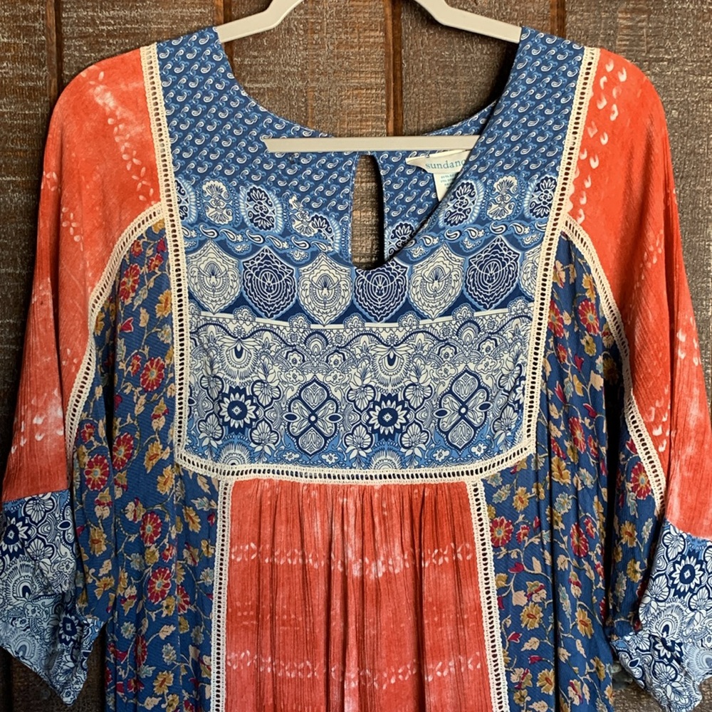 Sundance boho dress midi high low lovely draping floral patchwork medium - Picture 5 of 17